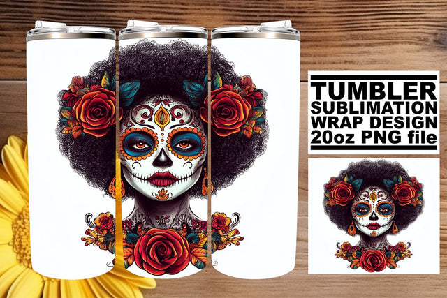 Day of the Dead Skull Tumbler Wrap – 20oz Watercolor Sublimation afrosvg 