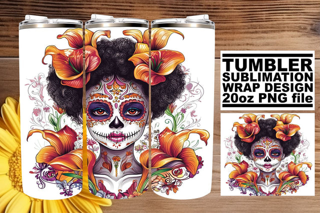Day of the Dead Sugar Skull Tumbler – 20oz Watercolor Wrap Sublimation afrosvg 