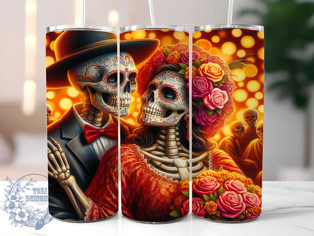 Day of the Dead Sugar Skull Tumbler, Sugar Skull Dancers Wrap, Dia De Los Muertos Design, 20Oz Skinny Tumbler Wrap, Mexican Festival Sublimation, Gothic Dance Tumbler, Colorful Skeleton Tumbler Sublimation ToriDesigns 