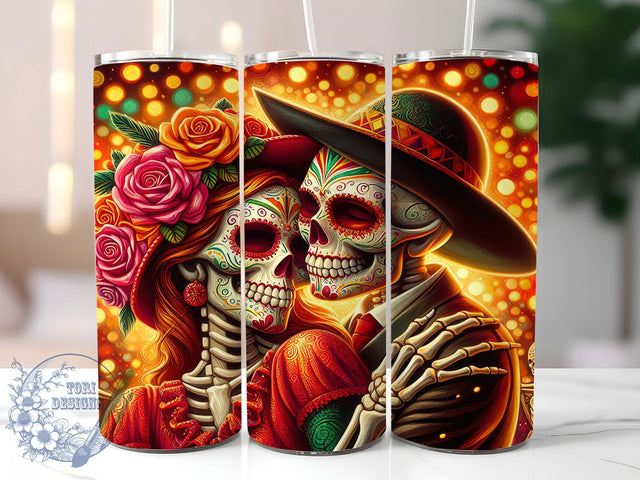 Day of the Dead Sugar Skull Tumbler, Sugar Skull Dancers Wrap, Dia De Los Muertos Design, 20Oz Skinny Tumbler Wrap, Mexican Festival Sublimation, Gothic Dance Tumbler, Colorful Skeleton Tumbler Sublimation ToriDesigns 