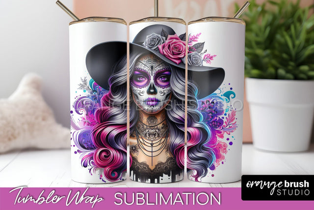 Day of the Dead Tumbler Wrap - Catrina Tumbler Sublimation Sublimation OrangeBrushStudio 
