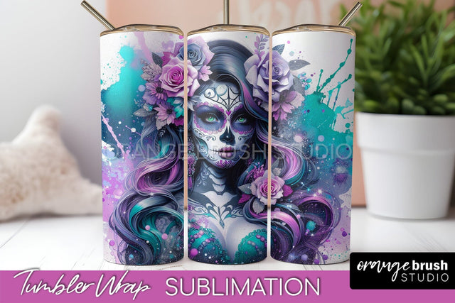 Day of the Dead Tumbler Wrap - Catrina Tumbler Sublimation Sublimation OrangeBrushStudio 