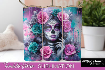 Day of the Dead Tumbler Wrap - Catrina Tumbler Sublimation Sublimation OrangeBrushStudio 
