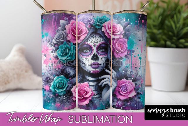 Day of the Dead Tumbler Wrap - Catrina Tumbler Sublimation Sublimation OrangeBrushStudio 
