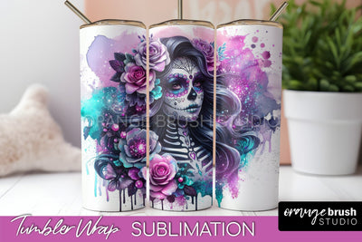 Day of the Dead Tumbler Wrap - Catrina Tumbler Sublimation Sublimation OrangeBrushStudio 