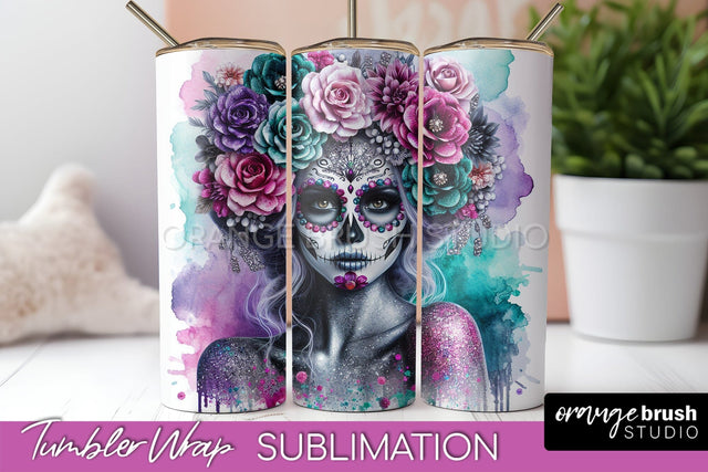 Day of the Dead Tumbler Wrap - Catrina Tumbler Sublimation Sublimation OrangeBrushStudio 