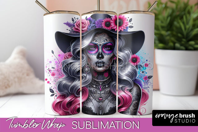 Day of the Dead Tumbler Wrap - Catrina Tumbler Sublimation Sublimation OrangeBrushStudio 
