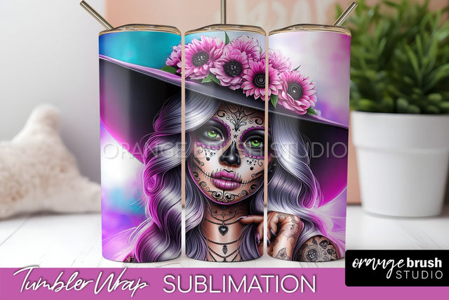 Day of the Dead Tumbler Wrap - Catrina Tumbler Sublimation Sublimation OrangeBrushStudio 
