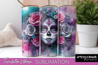 Day of the Dead Tumbler Wrap - Catrina Tumbler Sublimation Sublimation OrangeBrushStudio 