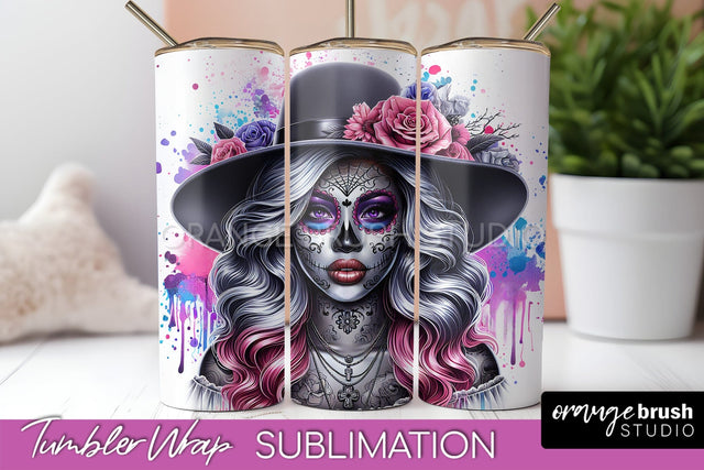Day of the Dead Tumbler Wrap - Catrina Tumbler Sublimation Sublimation OrangeBrushStudio 