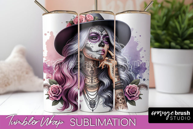 Day of the Dead Tumbler Wrap - Catrina Tumbler Sublimation Sublimation OrangeBrushStudio 
