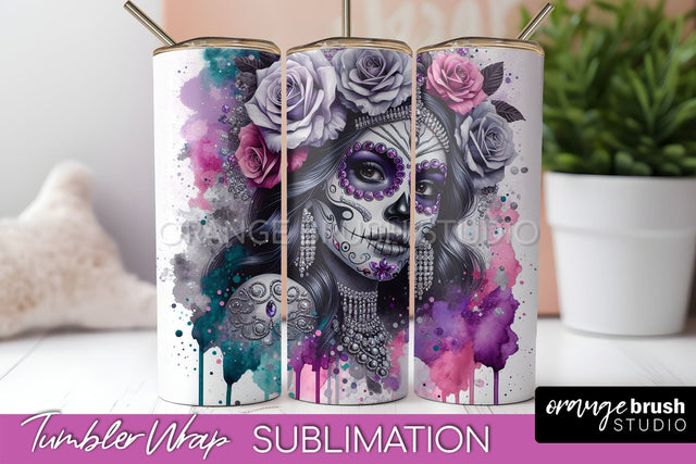 Day of the Dead Tumbler Wrap - Catrina Tumbler Sublimation Sublimation OrangeBrushStudio 