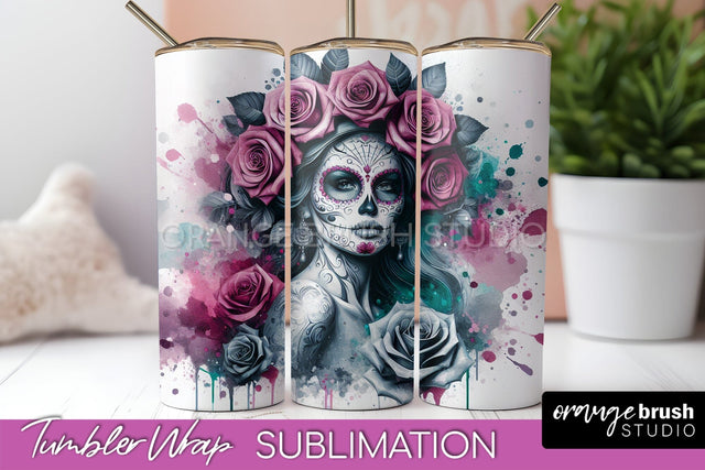 Day of the Dead Tumbler Wrap - Catrina Tumbler Sublimation Sublimation OrangeBrushStudio 
