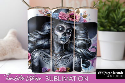 Day of the Dead Tumbler Wrap - Catrina Tumbler Sublimation Sublimation OrangeBrushStudio 