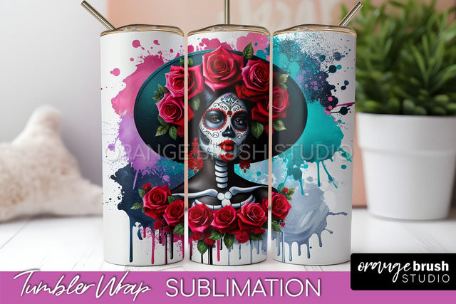 Day of the Dead Tumbler Wrap - Catrina Tumbler Sublimation Sublimation OrangeBrushStudio 
