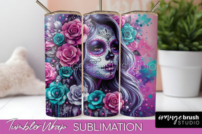 Day of the Dead Tumbler Wrap - Catrina Tumbler Sublimation Sublimation OrangeBrushStudio 