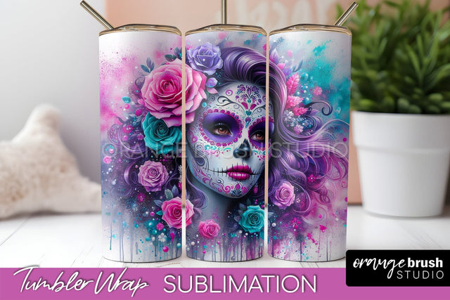 Day of the Dead Tumbler Wrap - Catrina Tumbler Sublimation Sublimation OrangeBrushStudio 