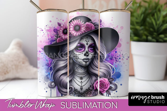Day of the Dead Tumbler Wrap - Catrina Tumbler Sublimation Sublimation OrangeBrushStudio 