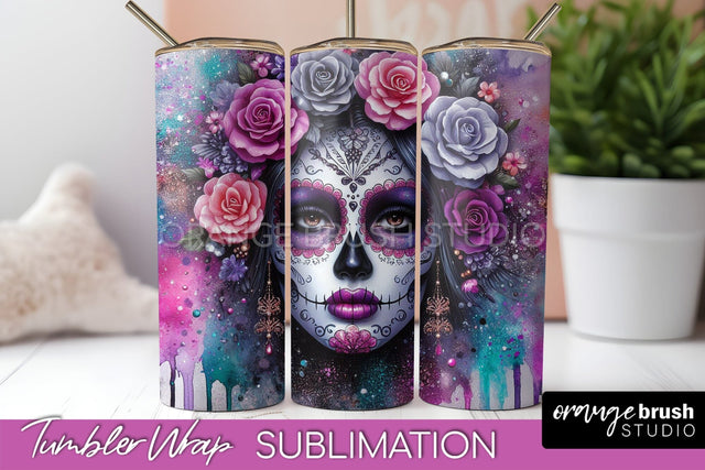 Day of the Dead Tumbler Wrap - Catrina Tumbler Sublimation Sublimation OrangeBrushStudio 