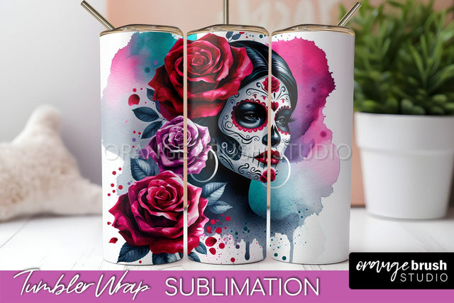 Day of the Dead Tumbler Wrap - Catrina Tumbler Sublimation Sublimation OrangeBrushStudio 