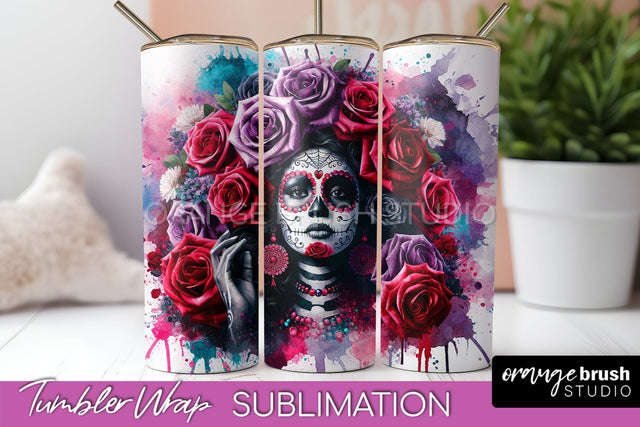 Day of the Dead Tumbler Wrap - Catrina Tumbler Sublimation Sublimation OrangeBrushStudio 