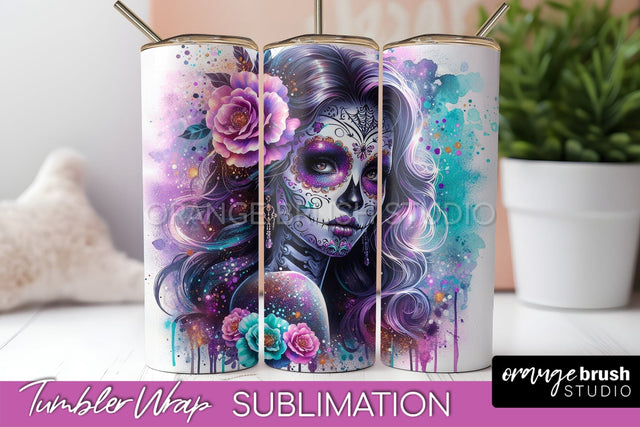 Day of the Dead Tumbler Wrap - Catrina Tumbler Sublimation Sublimation OrangeBrushStudio 