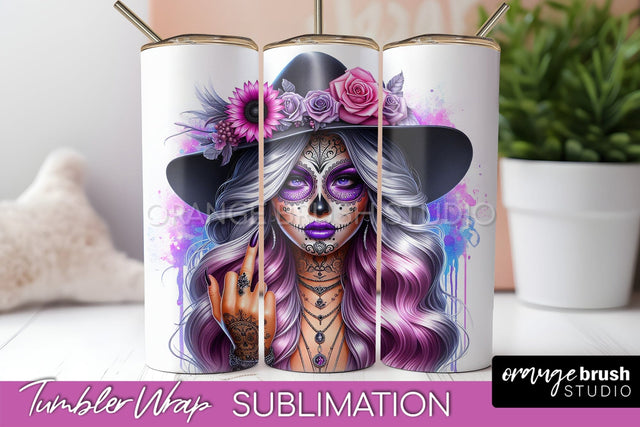 Day of the Dead Tumbler Wrap - Catrina Tumbler Sublimation Sublimation OrangeBrushStudio 