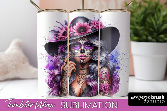 Day of the Dead Tumbler Wrap - Catrina Tumbler Sublimation Sublimation OrangeBrushStudio 