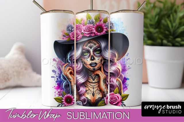 Day of the Dead Tumbler Wrap - Catrina Tumbler Sublimation Sublimation OrangeBrushStudio 