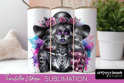 Day of the Dead Tumbler Wrap - Catrina Tumbler Sublimation Sublimation OrangeBrushStudio 