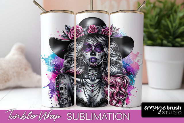 Day of the Dead Tumbler Wrap - Catrina Tumbler Sublimation Sublimation OrangeBrushStudio 
