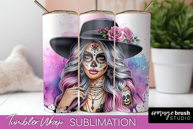 Day of the Dead Tumbler Wrap - Catrina Tumbler Sublimation Sublimation OrangeBrushStudio 