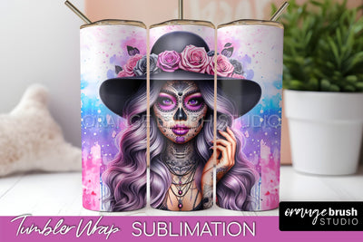 Day of the Dead Tumbler Wrap - Catrina Tumbler Sublimation Sublimation OrangeBrushStudio 