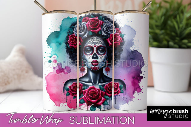 Day of the Dead Tumbler Wrap - Catrina Tumbler Sublimation Sublimation OrangeBrushStudio 