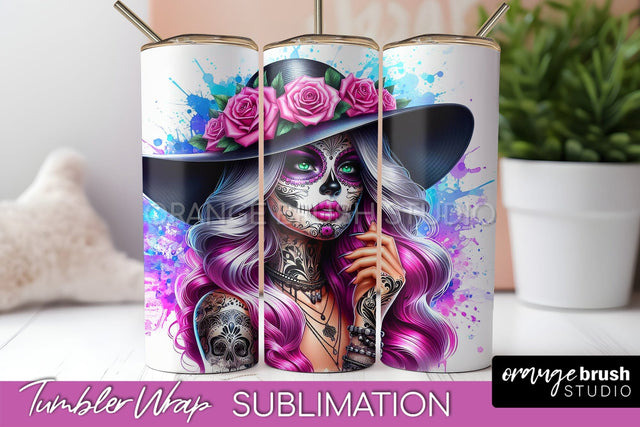 Day of the Dead Tumbler Wrap - Catrina Tumbler Sublimation Sublimation OrangeBrushStudio 