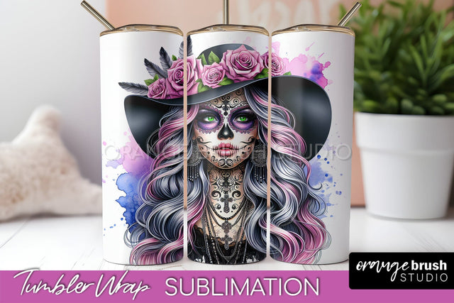 Day of the Dead Tumbler Wrap - Catrina Tumbler Sublimation Sublimation OrangeBrushStudio 