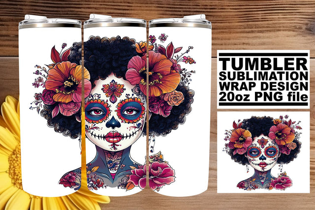Day of the Dead Watercolor Tumbler – 20oz Halloween Wrap Sublimation afrosvg 
