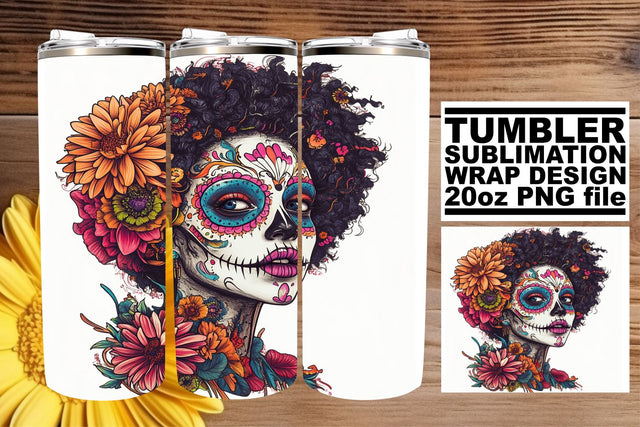 Day of the Dead Watercolor Tumbler – 20oz Wrap Sublimation afrosvg 