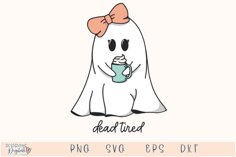 Dead Tired Ghost SVG for Cricut, Cute Ghost with Coffee PNG for Stickers, Sublimation, TShirts, Coffee Lover Halloween Sticker SVG Designing Digitals 