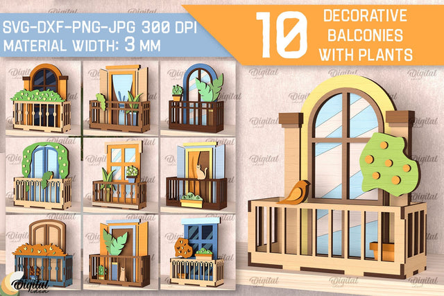 Decorative Balconies With Plants Laser Cut Bundle SVG Evgenyia Guschina 
