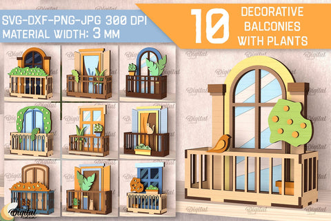 Decorative Balconies With Plants Laser Cut Bundle SVG Evgenyia Guschina 