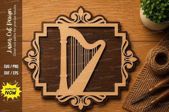 Decorative Harp Frame SVG | Elegant Musical Instrument Laser Cut Design | Glowforge CNC DXF PNG EPS SVG Regulrcrative 