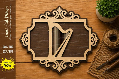 Decorative Harp Frame SVG | Elegant Musical Instrument Laser Cut File | Glowforge CNC DXF PNG EPS SVG Regulrcrative 