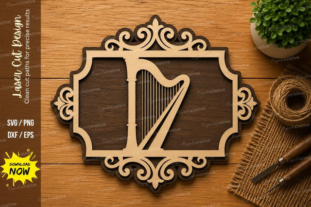 Decorative Harp Frame SVG | Elegant Musical Instrument Laser Cut File | Glowforge CNC DXF PNG EPS SVG Regulrcrative 