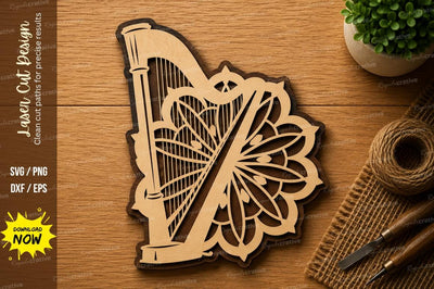 Decorative Harp Heart SVG | Musical Instrument Laser Cut Design | Glowforge CNC DXF PNG EPS SVG Regulrcrative 
