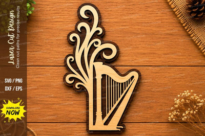 Decorative Harp Ornament SVG | Elegant Musical Instrument Laser Cut File | Glowforge CNC DXF PNG EPS SVG Regulrcrative 