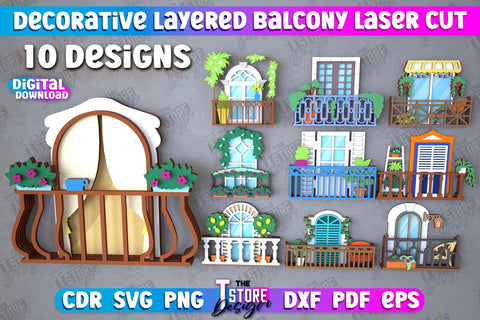 Decorative Layered Balcony Bundle | Wall Décor | Mini Door and Window | CNC Files SVG The T Store Design 