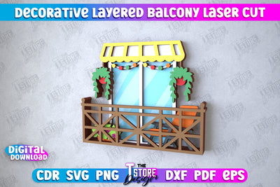 Decorative Layered Balcony | Wall Décor | Mini Door and Window | CNC File SVG The T Store Design 