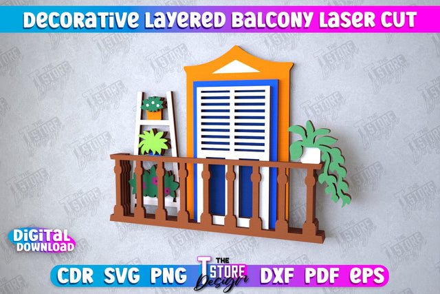 Decorative Layered Balcony | Wall Décor | Mini Door and Window | CNC File SVG The T Store Design 