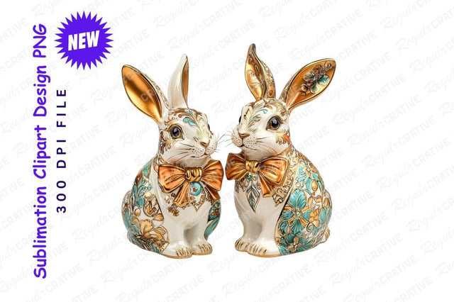 Decorative Rabbit Figurines With Bow Ties Clipart Png Sublimation Regulrcrative 
